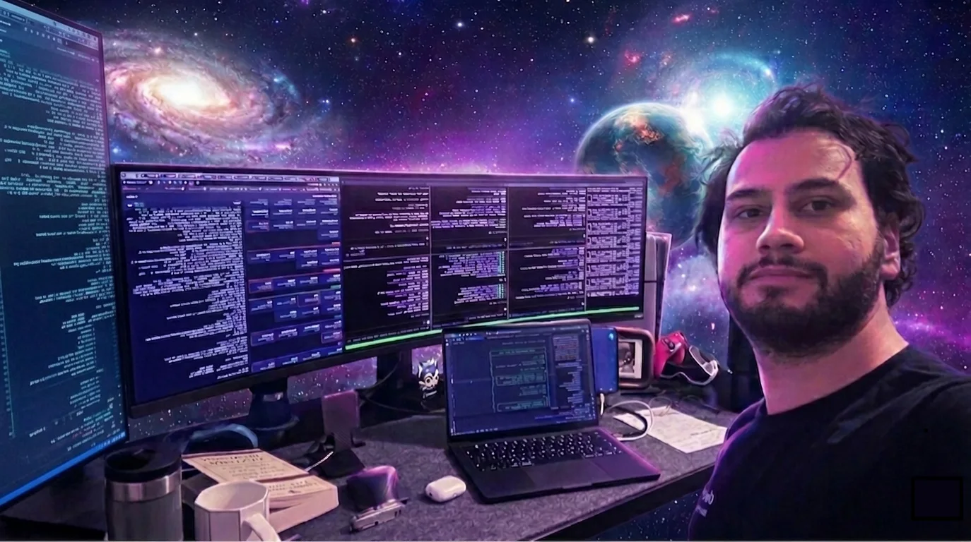 İbrahim Kasapoğlu at his battlestation — six monitors of code drifting somewhere in deep space