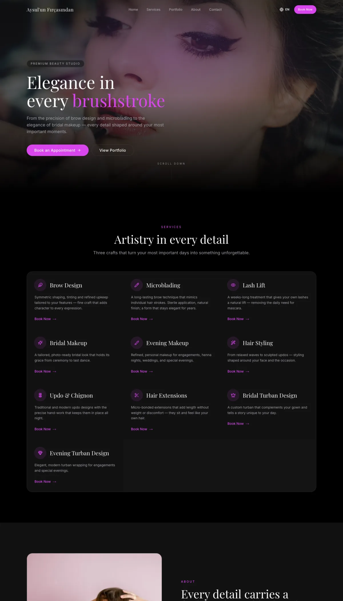 Aysul’un Fırçasından website homepage — premium beauty studio hero