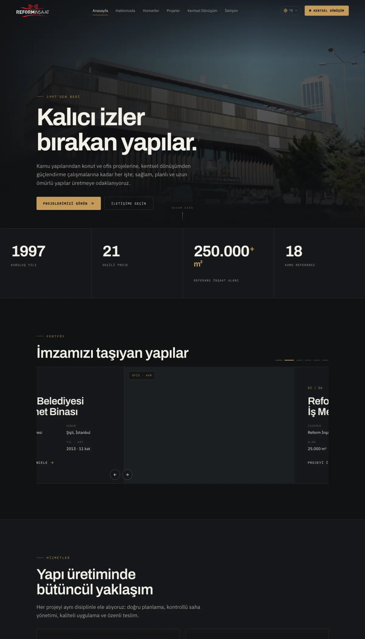 Reform İnşaat website homepage — construction company hero